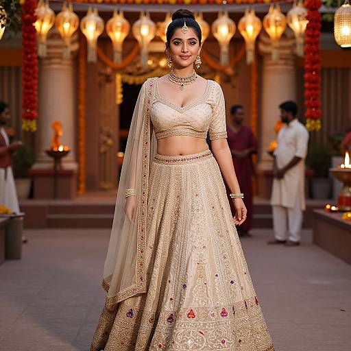 Photograph of a beautiful Indian bride in an ornate beige lehenga choli with gold embroidery, standing confidently in a dimly lit, decorated hall