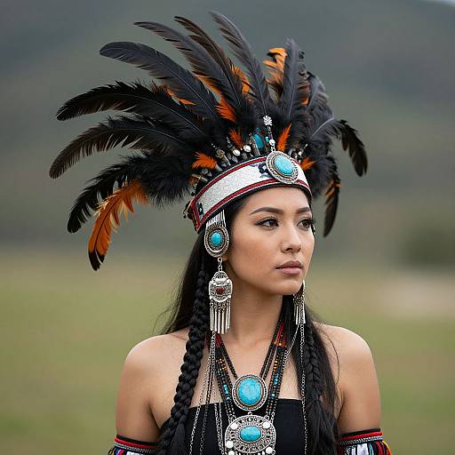 Photograph of an Asian woman with dark hair in braids, wearing a black feathered headdress, turquoise jewelry, and traditional black attire, set
