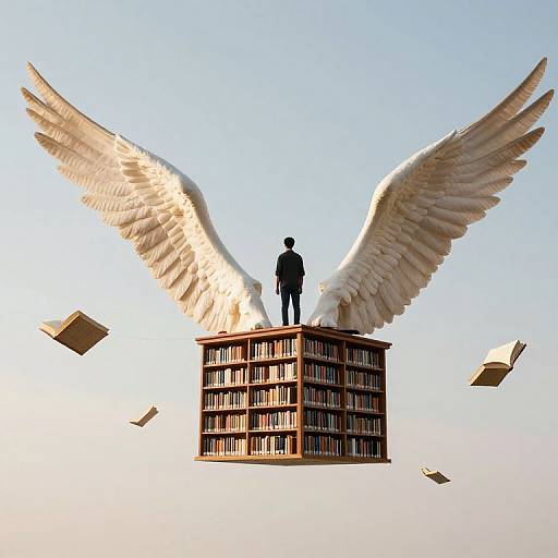 Silhouetted man with large white wings stands on floating bookshelf, surrounded by flying books, against clear blue sky. Digital art.
