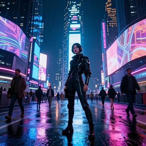 Neon-lit cyberpunk cityscape photograph of a confident woman in a shiny black leather suit, standing on a wet street, surrounded by blurred pedestrians