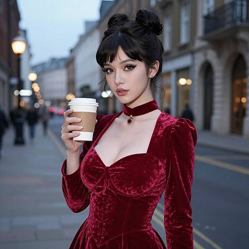 Digital artwork of a pale-skinned woman with black hair in a bun, wearing a red velvet dress and choker, holding a coffee cup on a