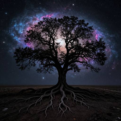 Silhouetted tree with sprawling roots under a vibrant, colorful galaxy sky, blending night and cosmic elements in digital art.