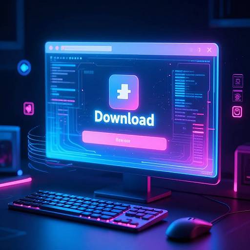 Photograph of a neon-lit computer screen displaying a 