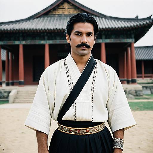Man in Traditional Asian Attire with Mustache