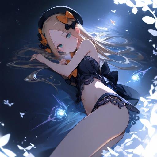 Anime Girl Lying on Bed in Black Bikini