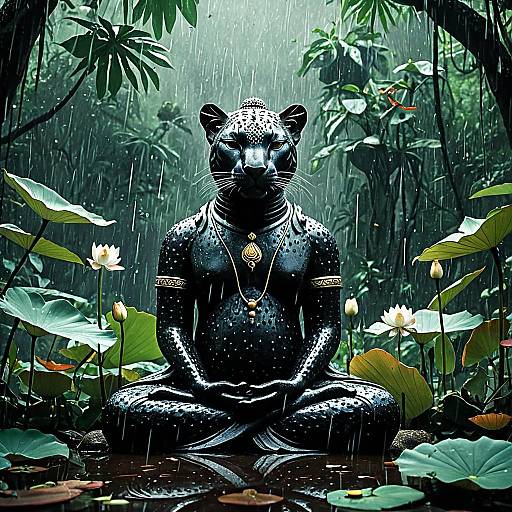 Meditating Panther Statue in Rainy Jungle
