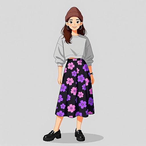 Digital illustration of a young woman with long brown hair in a beanie, wearing a white long-sleeve shirt, black floral skirt, and black