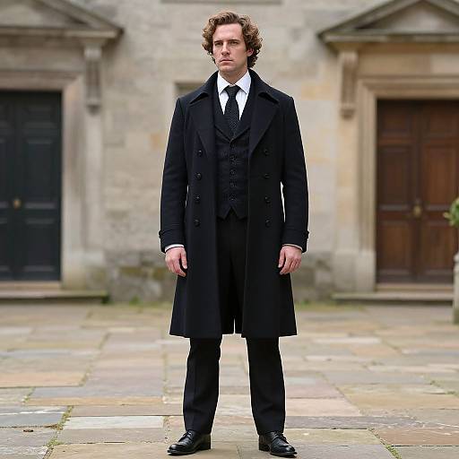 Photograph of a serious-looking man with curly brown hair, wearing a black three-piece suit, long black overcoat, white shirt, and black tie