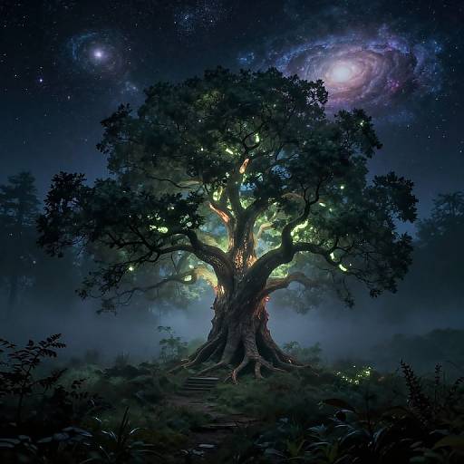 Digital fantasy artwork of a glowing, ancient tree under a starry night sky with two visible galaxies, surrounded by mist.