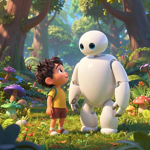 CGI image of a curious boy in a yellow shirt and brown shorts standing beside a white, robot-like creature in a vibrant, enchanted forest with colorful