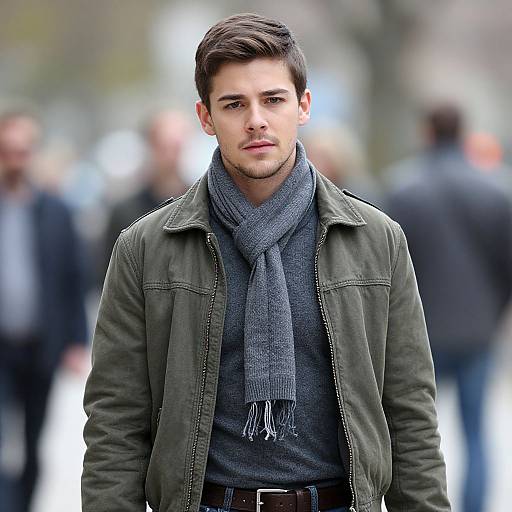 Photograph of a handsome young man with short dark hair, wearing an olive green jacket, gray scarf, and dark shirt, standing in a blurred,