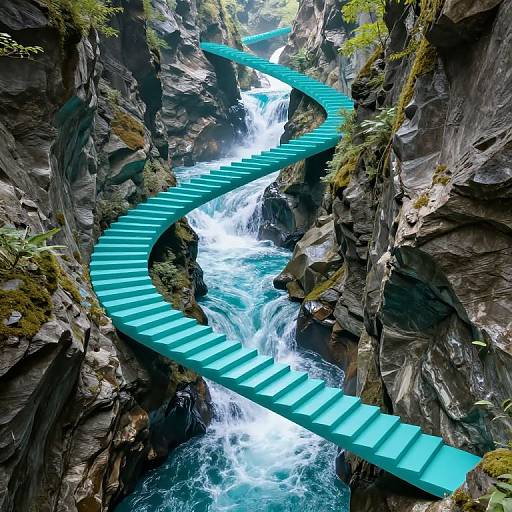 Digital artwork of a turquoise, serpentine staircase winding through a rocky canyon with a cascading waterfall, surrounded by mossy cliffs.