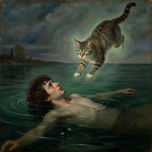 Photorealistic digital artwork of a curly-haired, shirtless man floating in dark water, staring up at a glowing, hovering striped cat with intense green