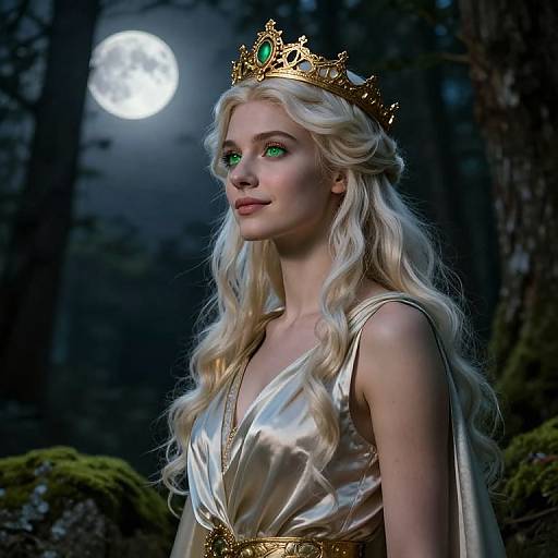 Photograph-like CGI of a blonde queen with green eyes, wearing a golden crown, white satin dress, standing in a moonlit forest.