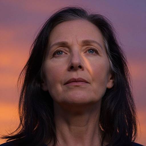 Photograph of a middle-aged woman with long black hair, fair skin, and blue eyes, set against a vibrant orange and purple sunset. She gaz