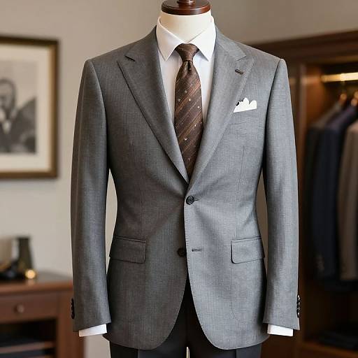 Photograph of a gray, single-breasted suit jacket with white shirt, brown patterned tie, and white pocket square on a mannequin in