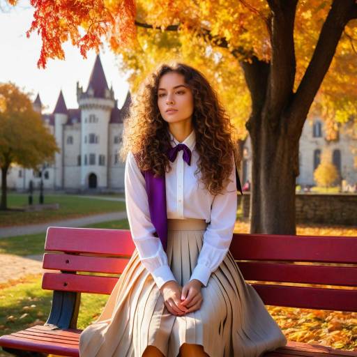 Young Woman Sitting on Park Bench in Autumn