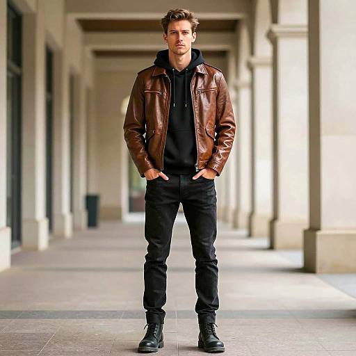Man in Brown Leather Jacket and Black Jeans in Corridor