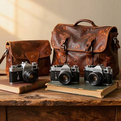 Photograph of three vintage Ricoh cameras on wooden table, surrounded by brown leather satchels and old books, in soft sunlight.