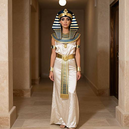 Photograph of a model in an Egyptian-inspired outfit with a striped headdress, gold accessories, and white satin dress, walking down a dimly lit