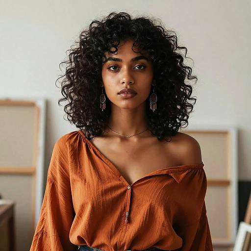 Photograph of a beautiful, dark-skinned woman with curly black hair, wearing an off-shoulder, burnt orange blouse and long earrings, standing