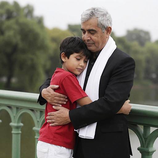Grandfather hugging grandson on bridge