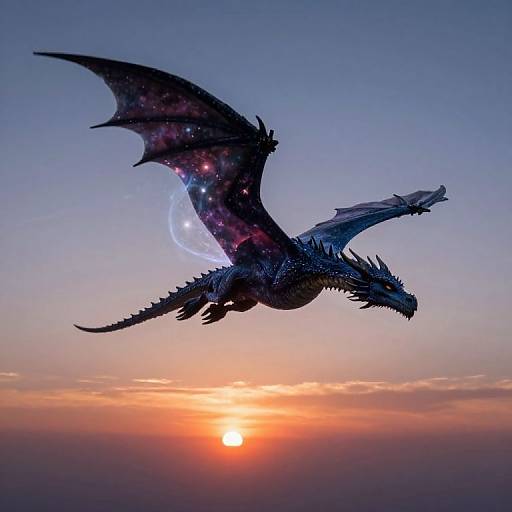 Photograph of a majestic, dark dragon with starry wings soaring above a vibrant sunset, showcasing a glowing crescent moon.