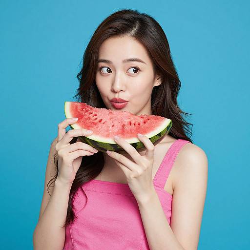 Asian woman with long black hair, wearing pink tank top, holding and eating watermelon slice, surprised expression, bright blue background. Photograph.