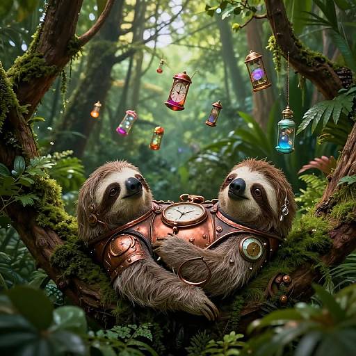 Two sloth-like creatures with steampunk gear lounging on a mossy tree in a lush, enchanted forest with glowing lanterns hanging. Phot