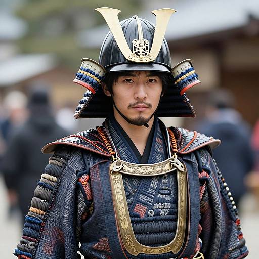 Photograph of a serious Japanese samurai in traditional armor with intricate patterns, black helmet with gold 