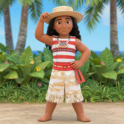 Digital illustration of a smiling, brown-skinned girl with long black hair, wearing a straw hat, red and white striped shirt, white fringed skirt