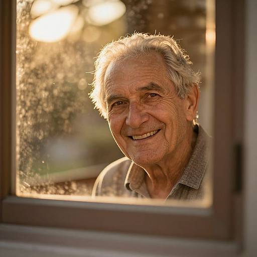 Photograph of an elderly man with white hair, smiling warmly, framed by a window with sunlight and raindrops. Warm, golden light highlights his wrink