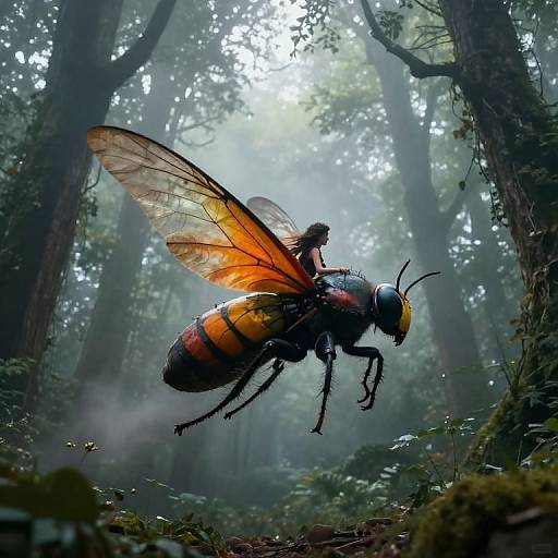 Photograph of a fantastical scene: a small girl with dark hair rides a giant, colorful, insect-like creature with translucent orange wings in a mist