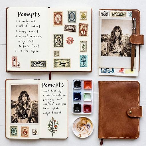 Photograph of an open scrapbook with vintage-style photos, colorful stamps, handwritten notes, a brown leather wallet, and a paint palette.