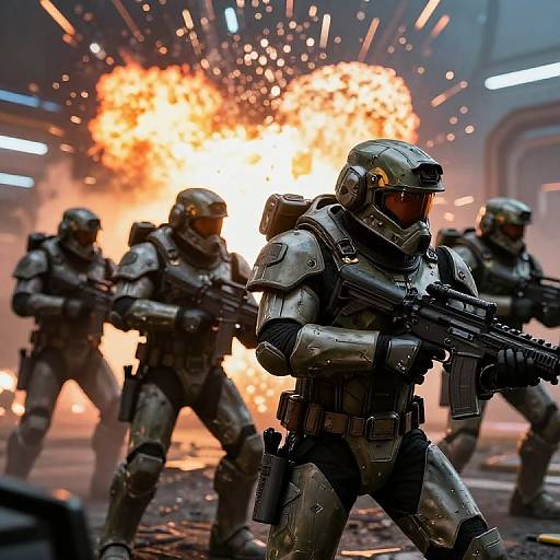 Photorealistic CGI of four armored soldiers in tactical gear, advancing with rifles, amidst a fiery explosion in a futuristic, industrial setting.