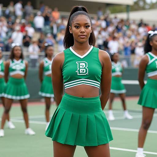 Confident Cheerleader on Tennis Court