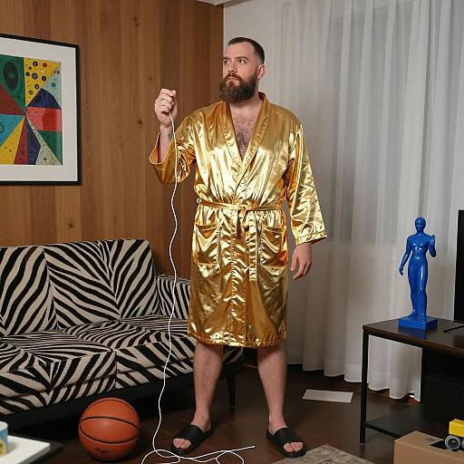 Whimsical Man in Gold Bathrobe