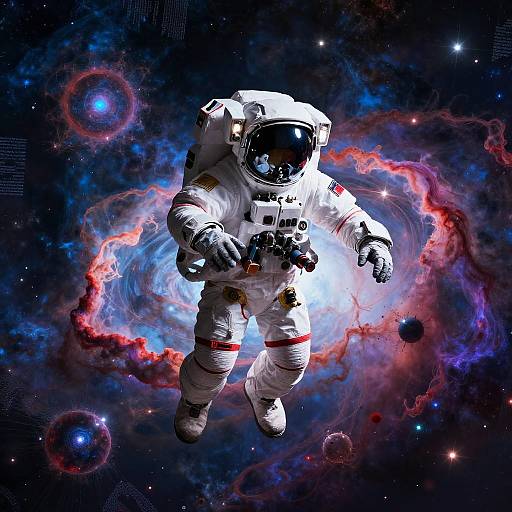 Photorealistic digital artwork of an astronaut floating in space, surrounded by vibrant nebulae and stars, wearing a white spacesuit with red stripes.