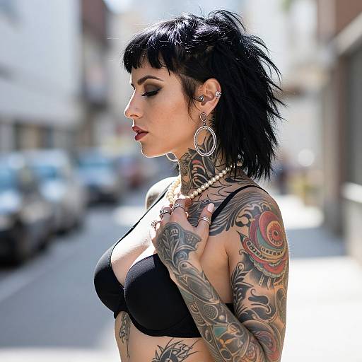Photograph of a tattooed woman with black hair in a side ponytail, wearing a black bra, large hoop earrings, and pearl necklace, standing