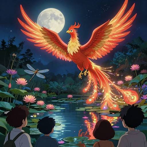 Phoenix Soaring Over Moonlit Garden