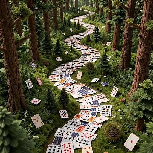 Photorealistic CGI of a forest path winding through tall trees, littered with floating playing cards, including aces, kings, and jokers.
