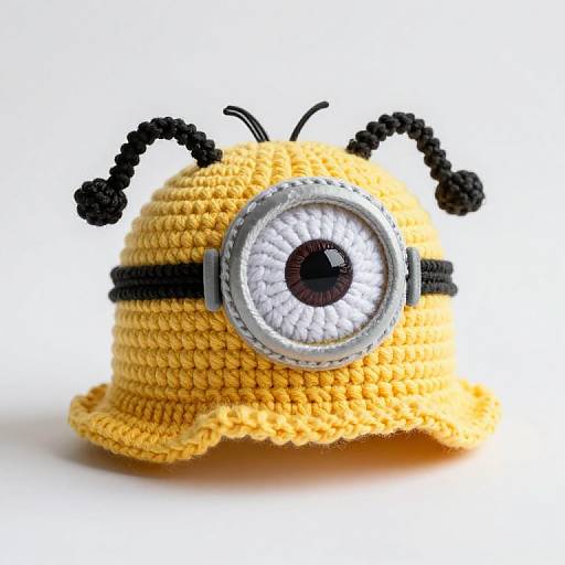 Crochet amigurumi yellow hat with black antennae and a large, detailed eye, set against a plain white background.