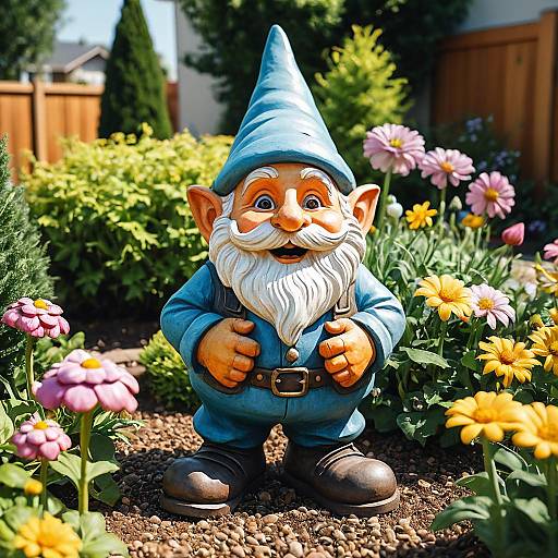 Friendly Garden Gnome Statue in Flower Bed