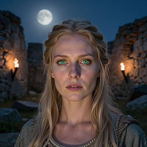 Photograph of a serious blonde woman with green eyes, wearing a medieval-style dress, under a full moon, flanked by stone ruins with torches
