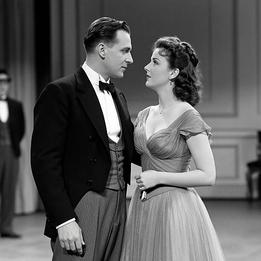 Black-and-white photograph of a 1940s-style dance couple in formal attire, facing each other with intense gazes, elegant ballroom background.
