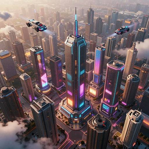 Aerial photograph of a futuristic, neon-lit city skyline with towering skyscrapers, glowing advertisements, and two flying drones against a cloudy sky.