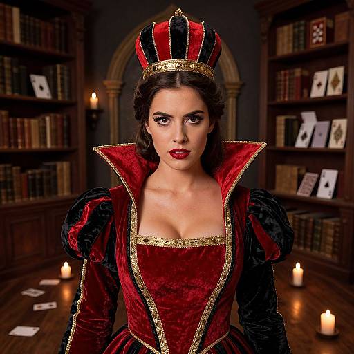 Photorealistic digital portrait of a fair-skinned woman with dark hair, wearing a red and black velvet queen's gown and crown, in a dim