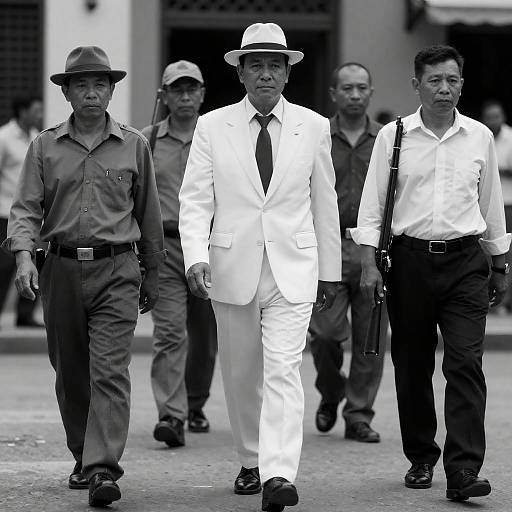 White-Suited Figure Walking Through Tense Crowd