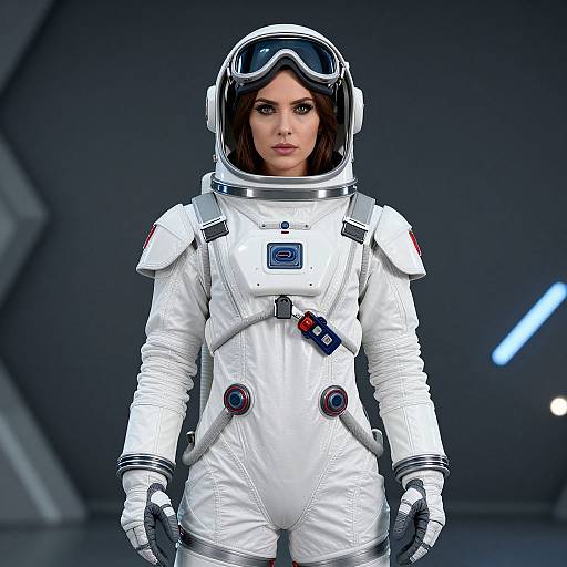 Photorealistic CGI of a confident woman in a white astronaut suit with a clear helmet, standing in a dark, futuristic room.