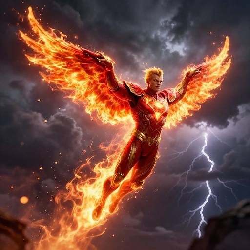 Digital art of a muscular, blonde man with fiery wings and suit, soaring against a stormy sky with lightning.